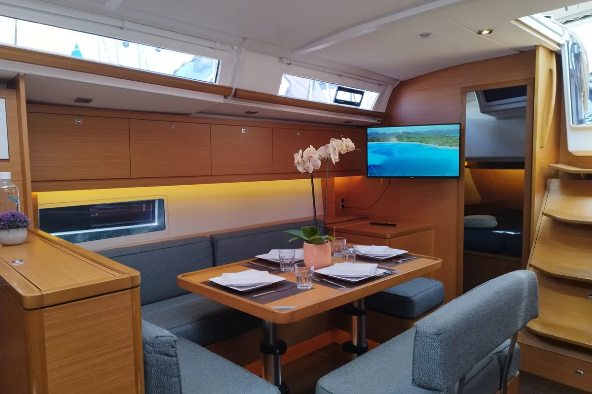 Salon of Euphoria, a Dufour 470 sailboat at Olbia, Italy
