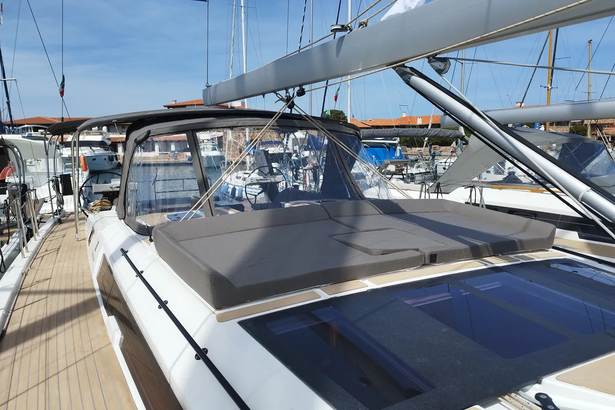 Deck of Euphoria, a Dufour 470 sailboat at Olbia, Italy