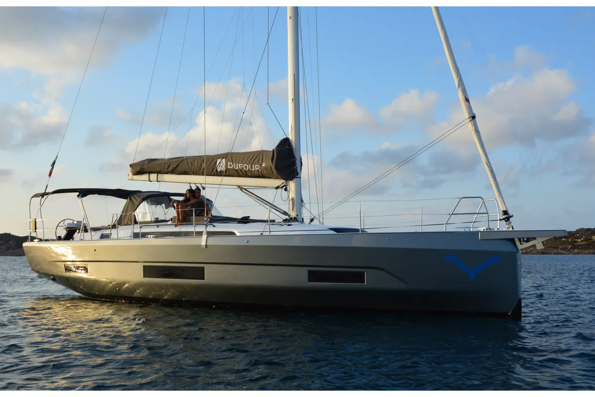 Exterior view of Euphoria, a Dufour 470 sailboat at Olbia, Italy