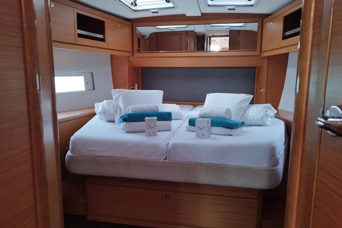 Cabin on Euphoria, a Dufour 470 sailboat at Olbia, Italy