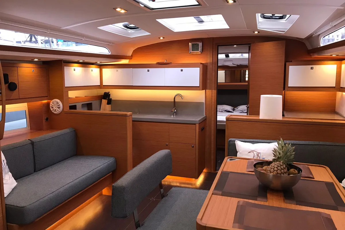 Exterior view of Euphoria, a Dufour 470 sailboat at Olbia, Italy