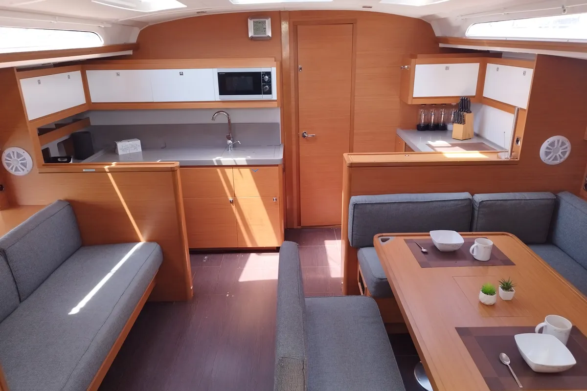 Salon of Euphoria, a Dufour 470 sailboat at Olbia, Italy