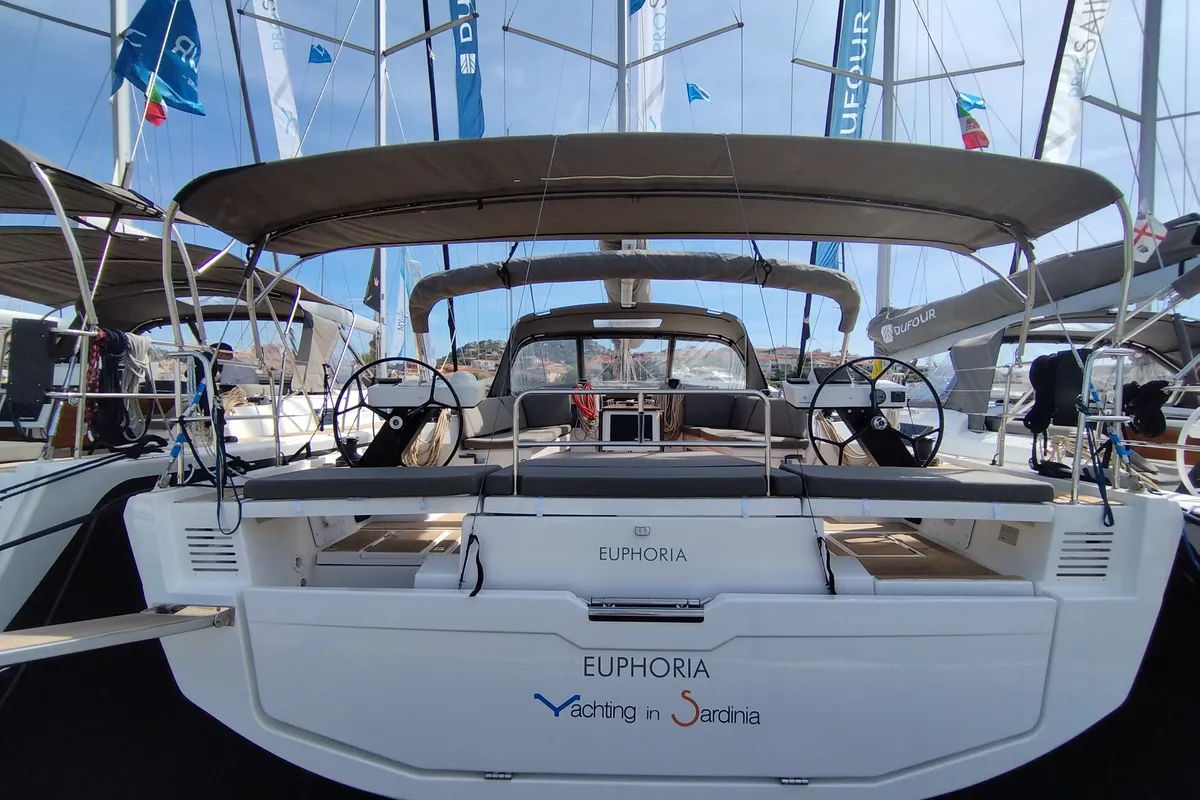 Cockpit of Euphoria, a Dufour 470 sailboat at Olbia, Italy