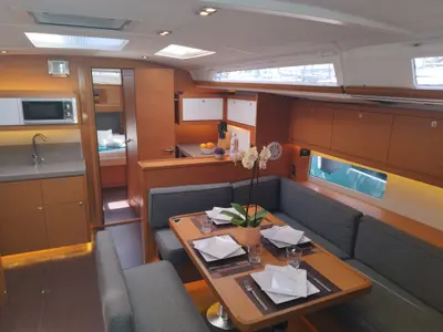 Salon of Euphoria, a Dufour 470 sailboat at Olbia, Italy