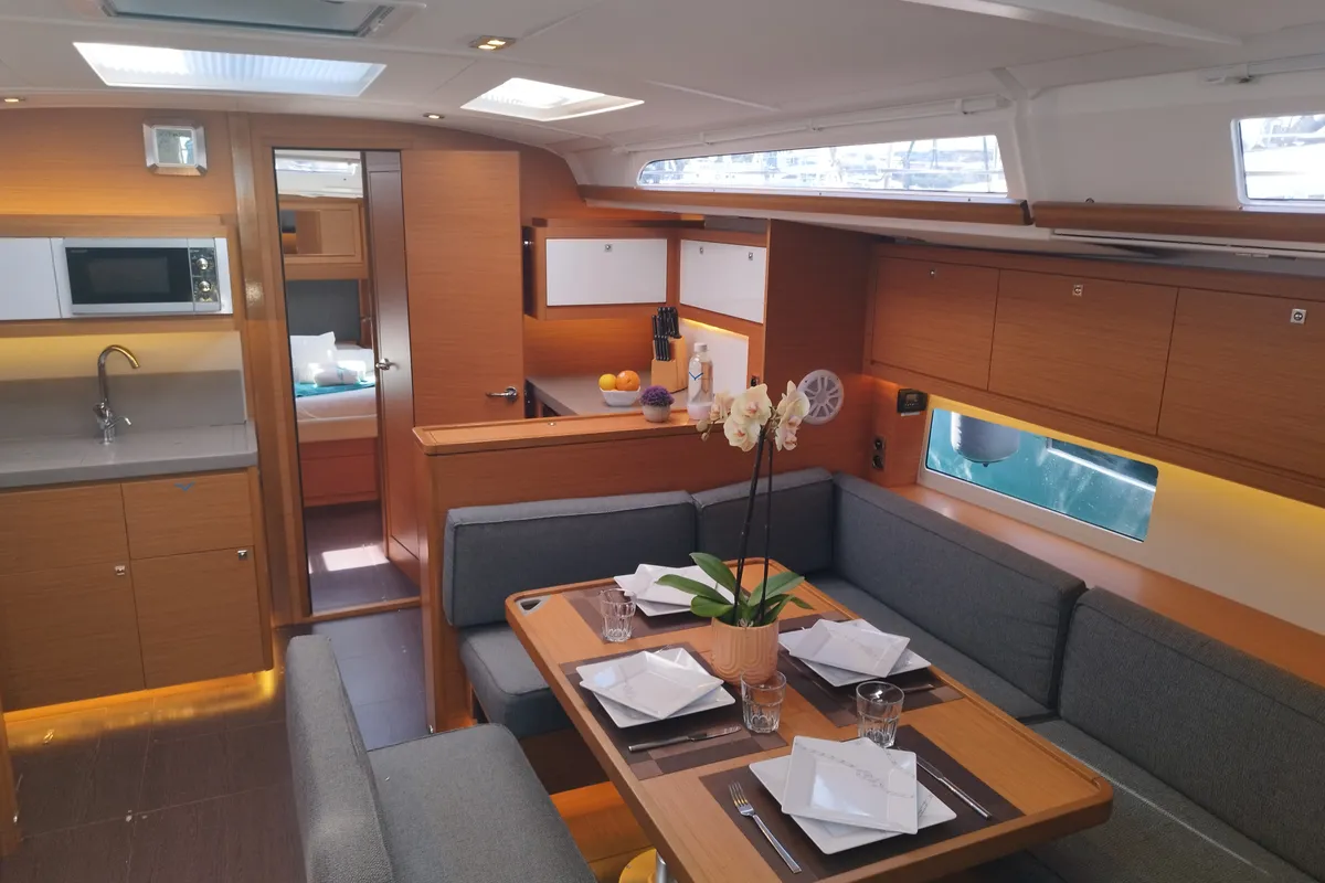 Salon of Euphoria, a Dufour 470 sailboat at Olbia, Italy