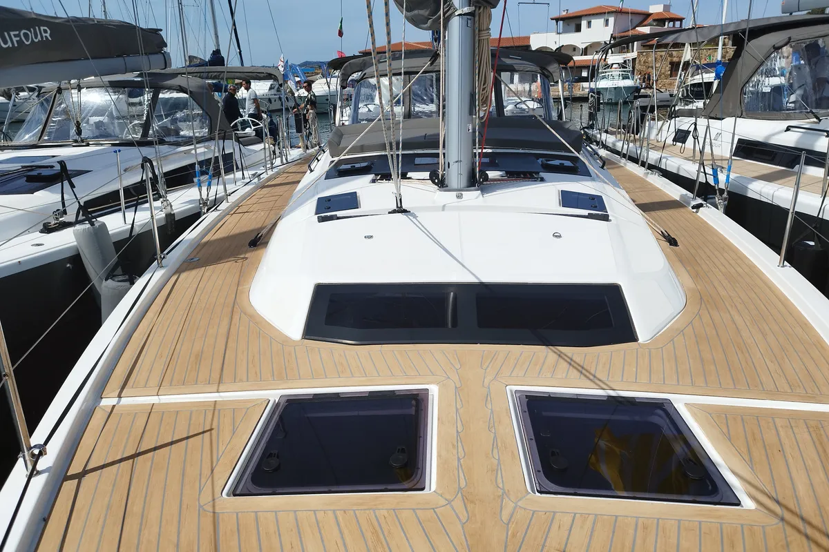 Deck of Euphoria, a Dufour 470 sailboat at Olbia, Italy