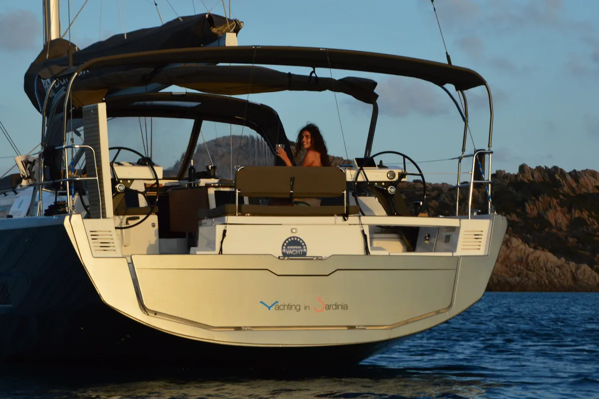 Exterior view of Euphoria, a Dufour 470 sailboat at Olbia, Italy