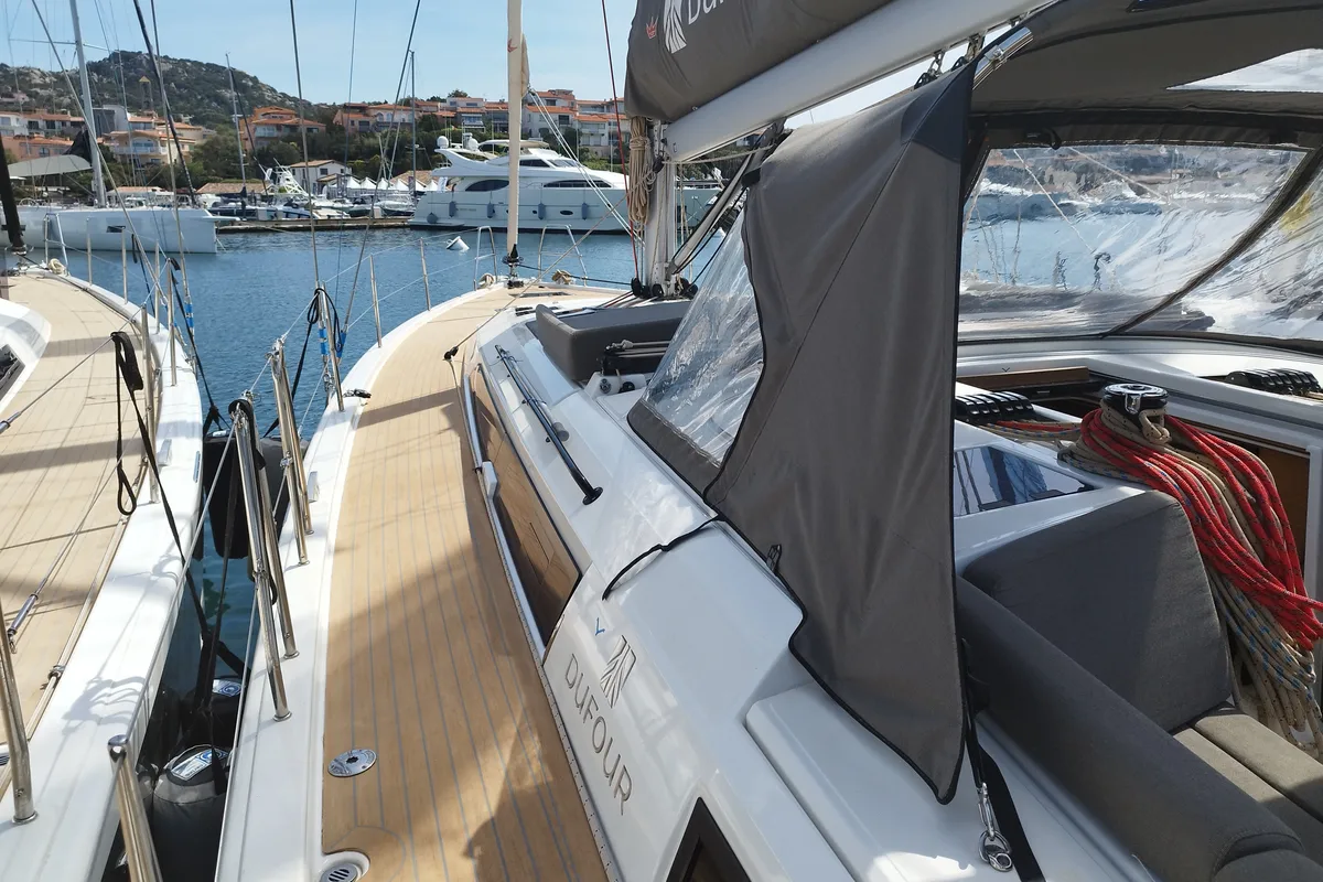 Deck of Euphoria, a Dufour 470 sailboat at Olbia, Italy