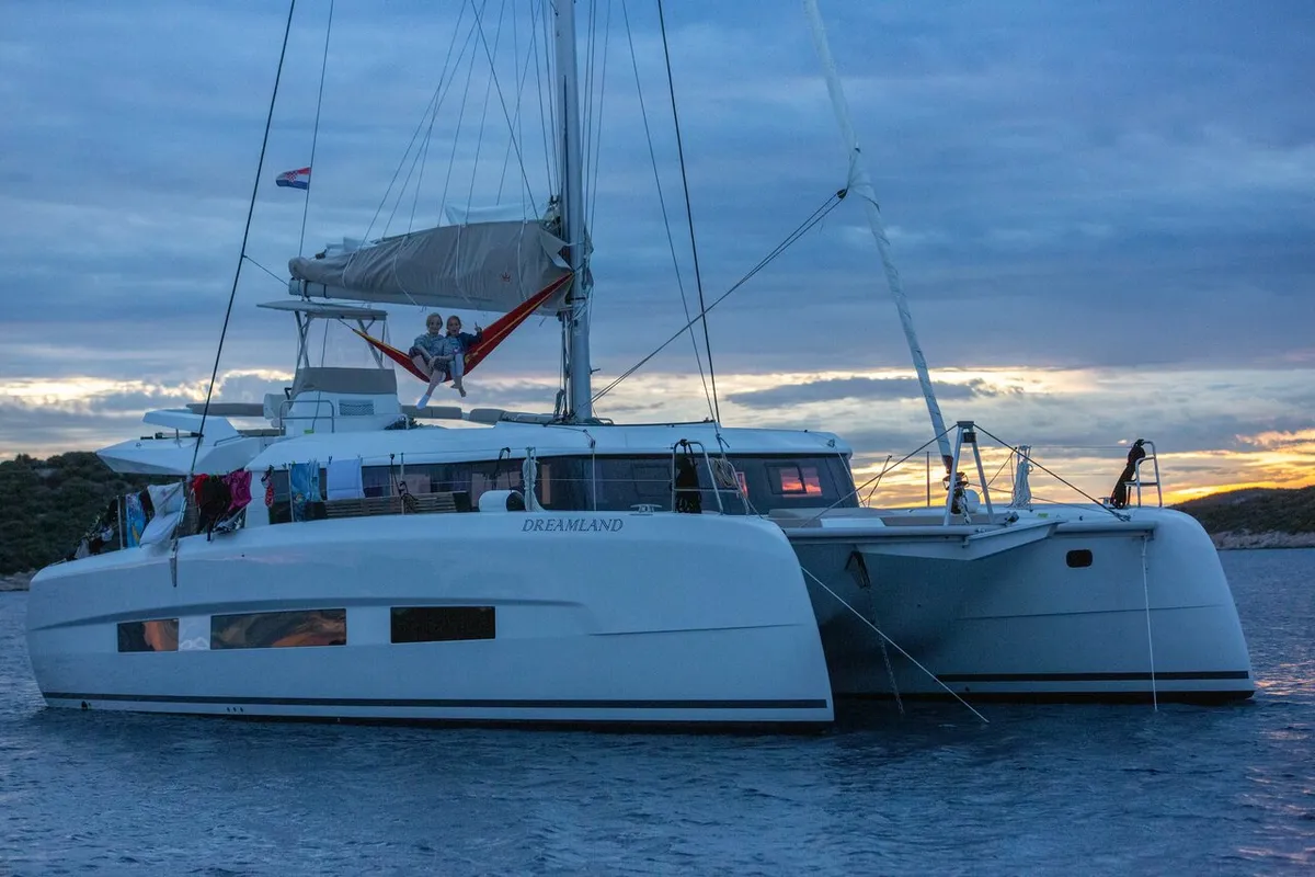 Exterior view of Seaven, a Dufour 48 Catamaran catamaran at Grad Kaštela, Croatia