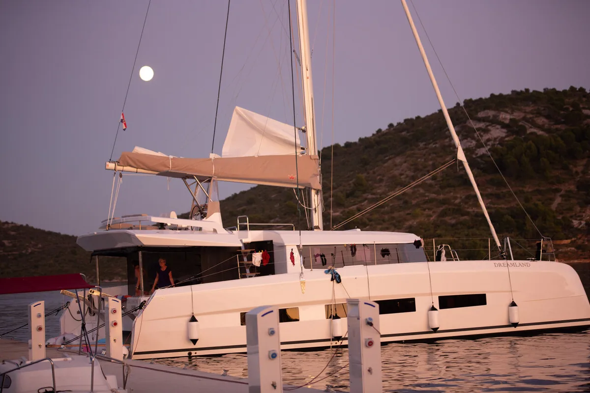Exterior view of Seaven, a Dufour 48 Catamaran catamaran at Grad Kaštela, Croatia