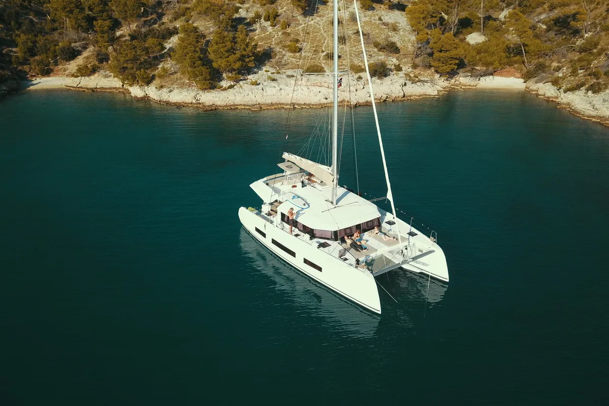 Exterior view of Seaven, a Dufour 48 Catamaran catamaran at Grad Kaštela, Croatia
