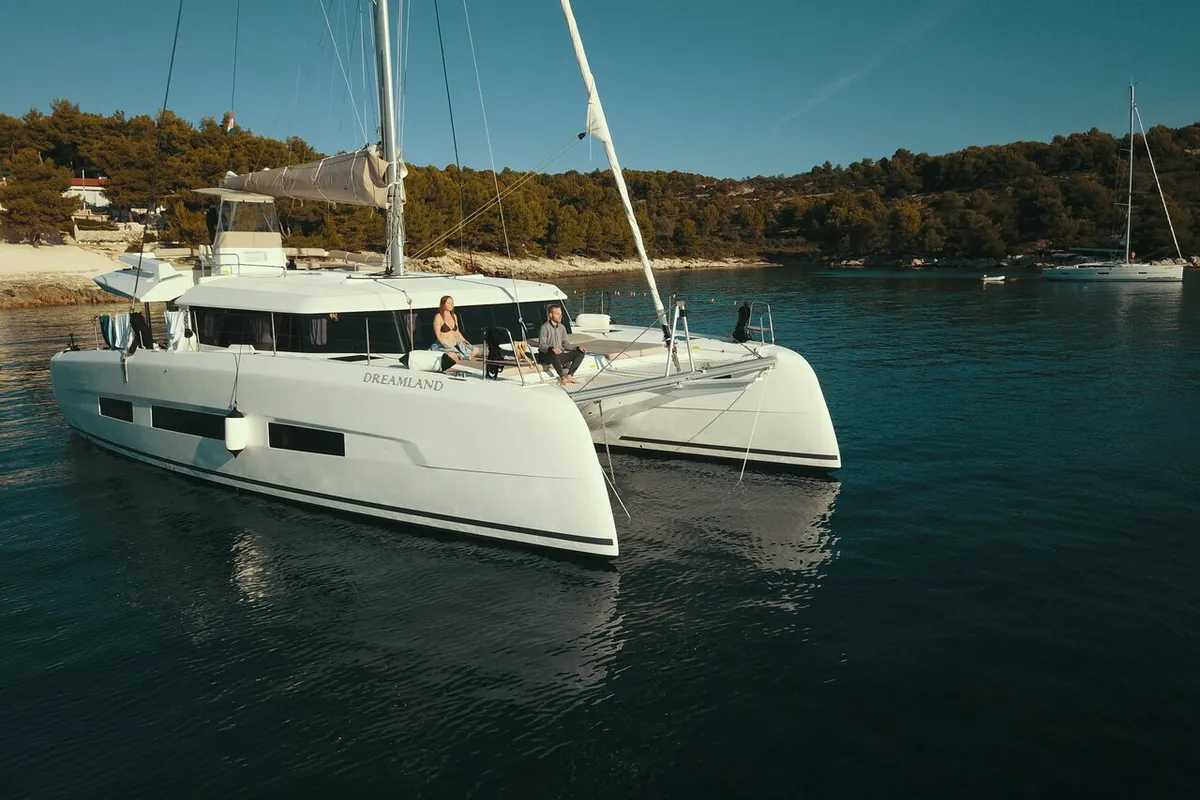 Exterior view of Seaven, a Dufour 48 Catamaran catamaran at Grad Kaštela, Croatia