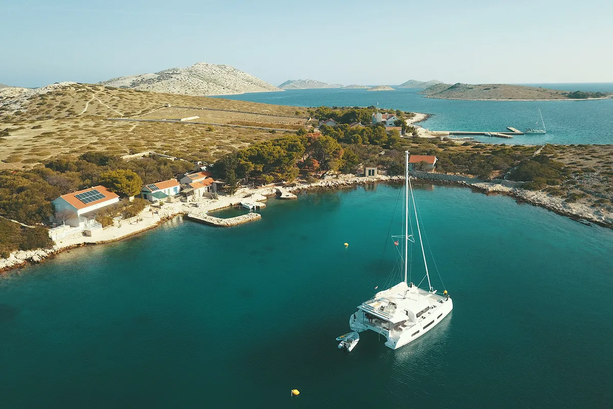 Exterior view of Seaven, a Dufour 48 Catamaran catamaran at Grad Kaštela, Croatia