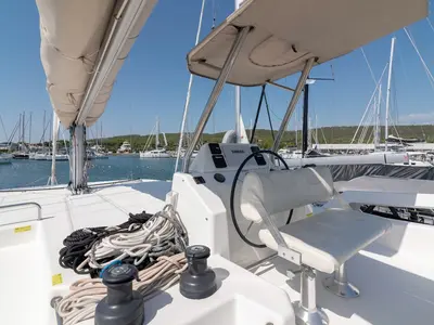 Cockpit of Seaven, a Dufour 48 Catamaran catamaran at Grad Kaštela, Croatia