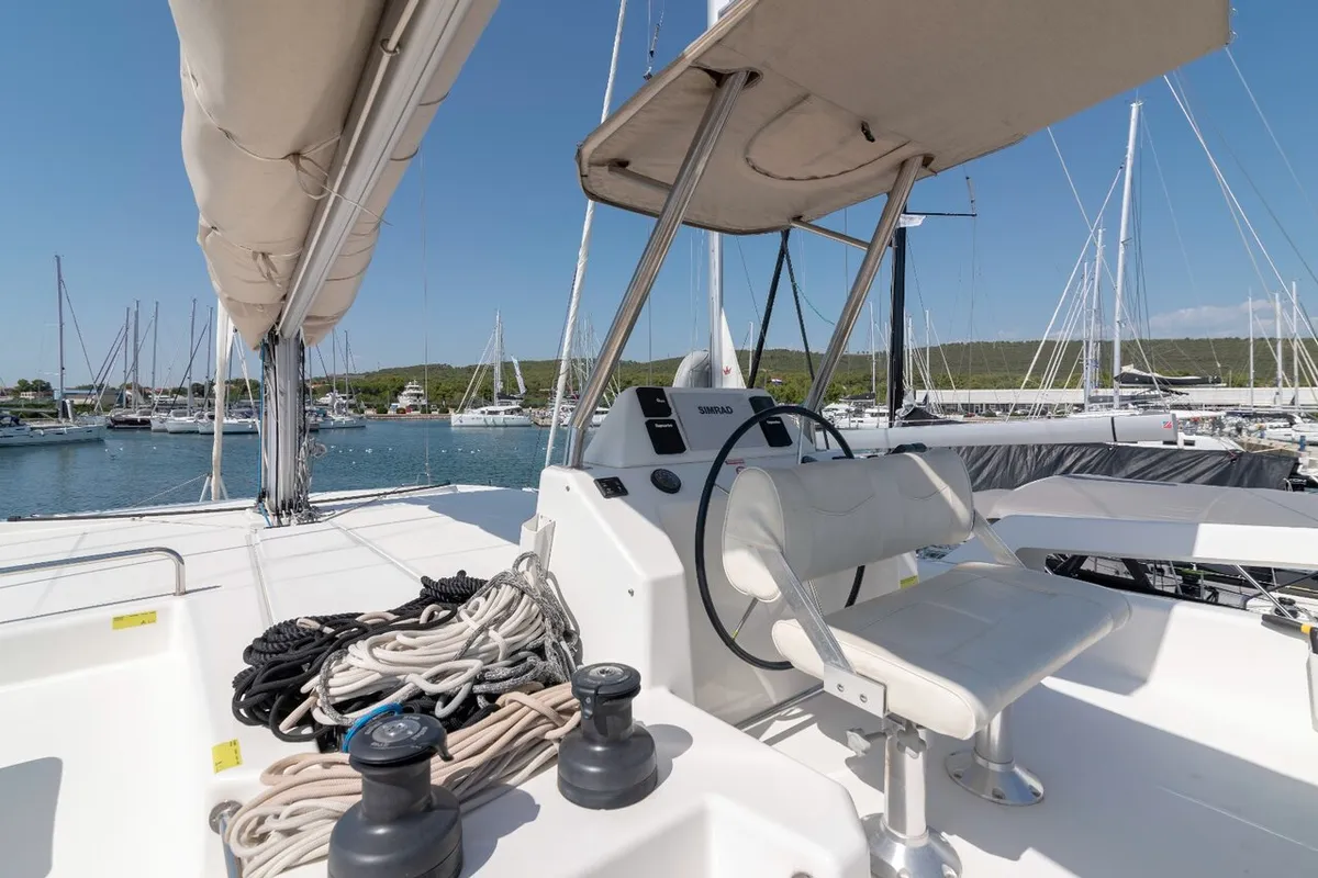 Cockpit of Seaven, a Dufour 48 Catamaran catamaran at Grad Kaštela, Croatia