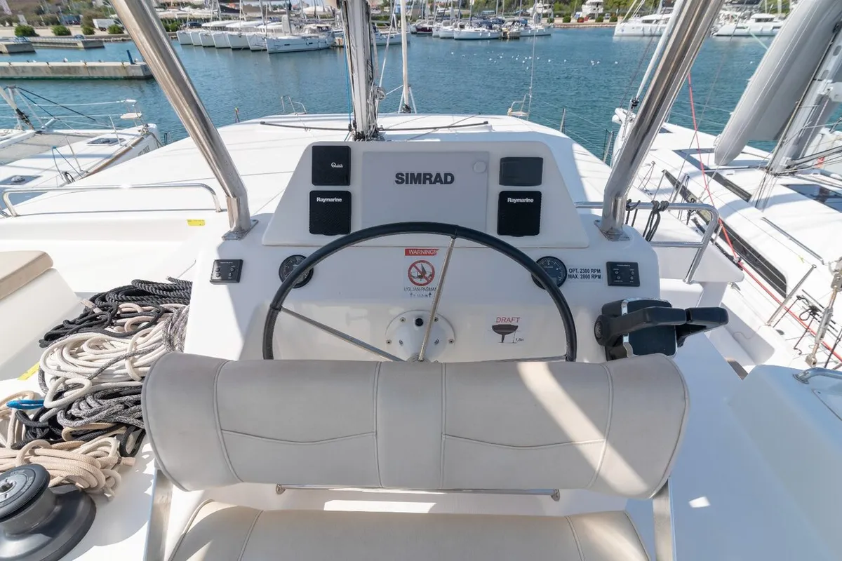 Cockpit of Seaven, a Dufour 48 Catamaran catamaran at Grad Kaštela, Croatia