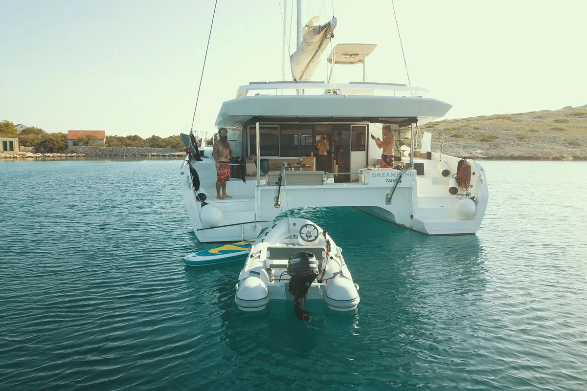 Exterior view of Seaven, a Dufour 48 Catamaran catamaran at Grad Kaštela, Croatia