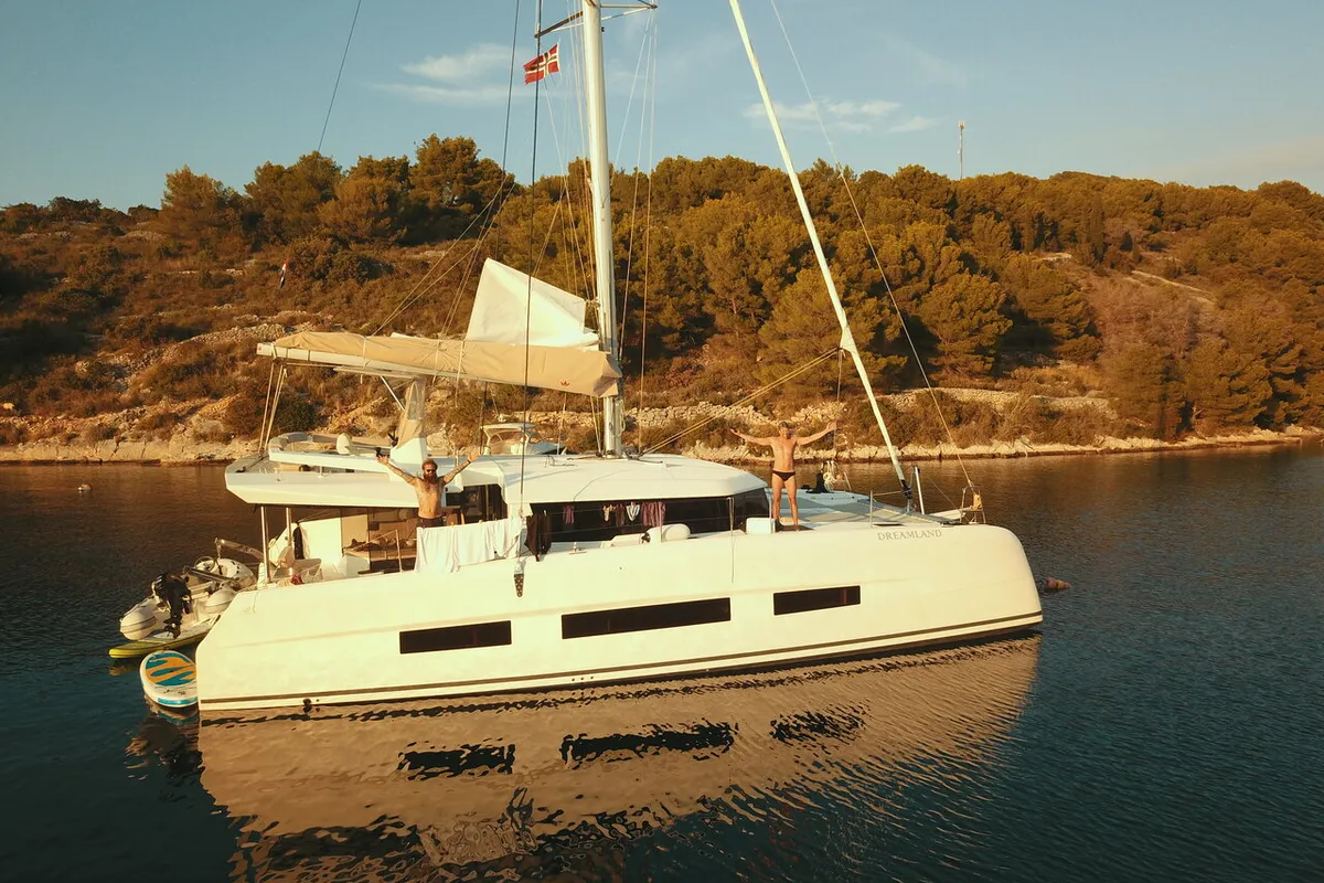 Exterior view of Seaven, a Dufour 48 Catamaran catamaran at Grad Kaštela, Croatia