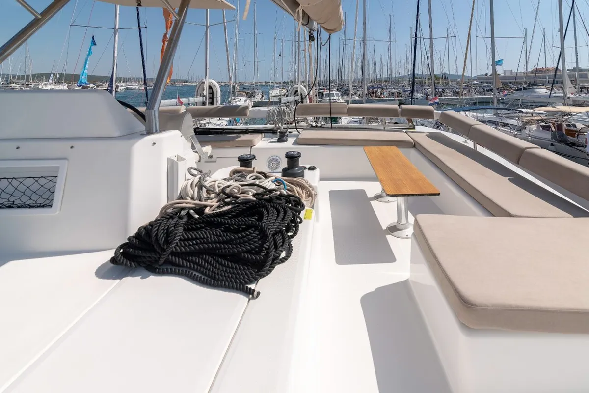 Deck of Seaven, a Dufour 48 Catamaran catamaran at Grad Kaštela, Croatia