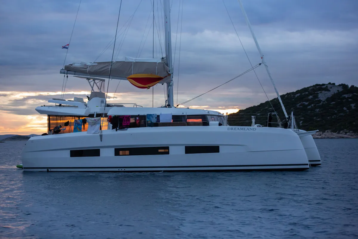 Exterior view of Seaven, a Dufour 48 Catamaran catamaran at Grad Kaštela, Croatia
