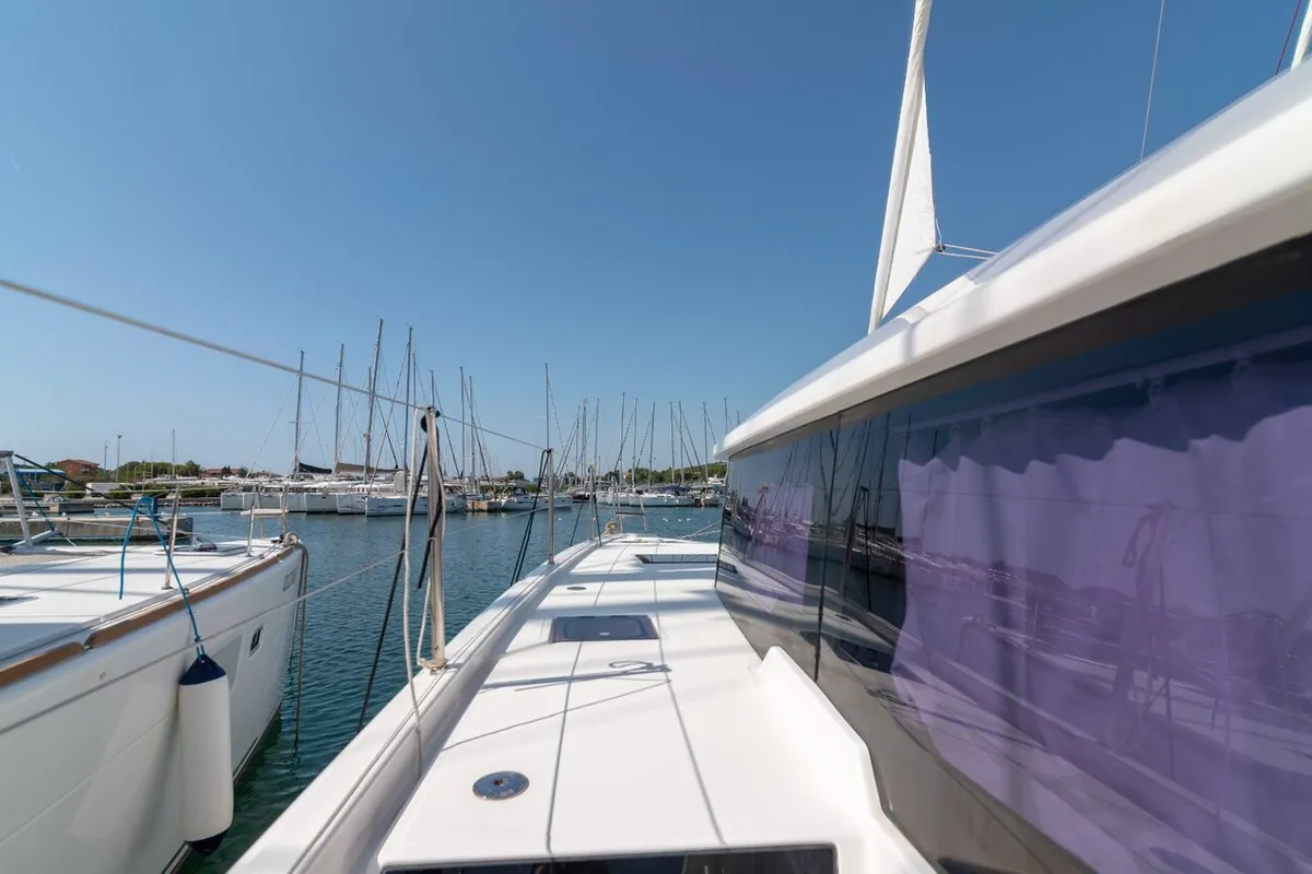 Deck of Seaven, a Dufour 48 Catamaran catamaran at Grad Kaštela, Croatia