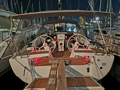 Cockpit of Dolce Vita, a Hanse 418 sailboat at Municipal Unit of Apollonioi, Greece