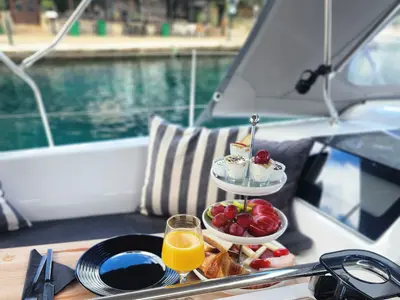 Deck of Dolce Vita, a Hanse 418 sailboat at Municipal Unit of Apollonioi, Greece
