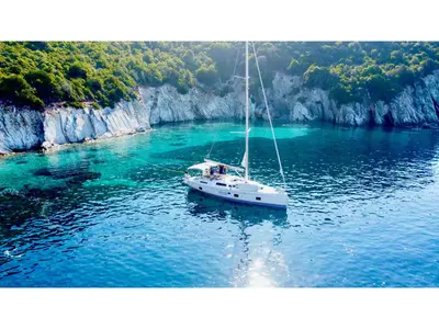 Exterior view of Dolce Vita, a Hanse 418 sailboat at Municipal Unit of Apollonioi, Greece