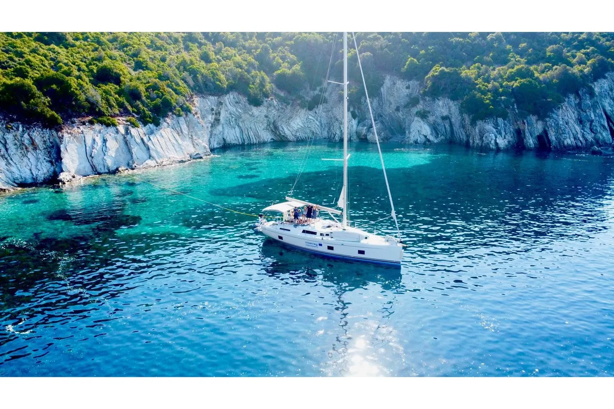 Exterior view of Dolce Vita, a Hanse 418 sailboat at Municipal Unit of Apollonioi, Greece