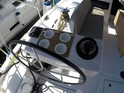 Cockpit of Alibaba, a Dufour 470 sailboat at Grad Šibenik, Croatia