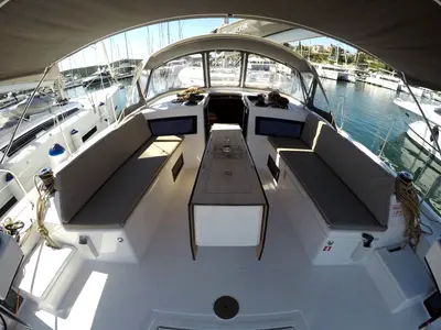 Deck of Alibaba, a Dufour 470 sailboat at Grad Šibenik, Croatia