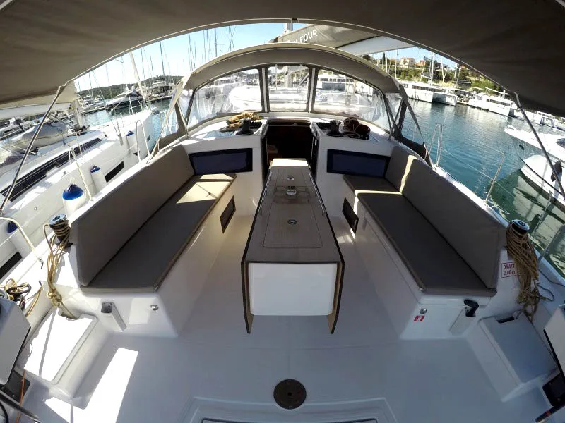 Deck of Alibaba, a Dufour 470 sailboat at Grad Šibenik, Croatia