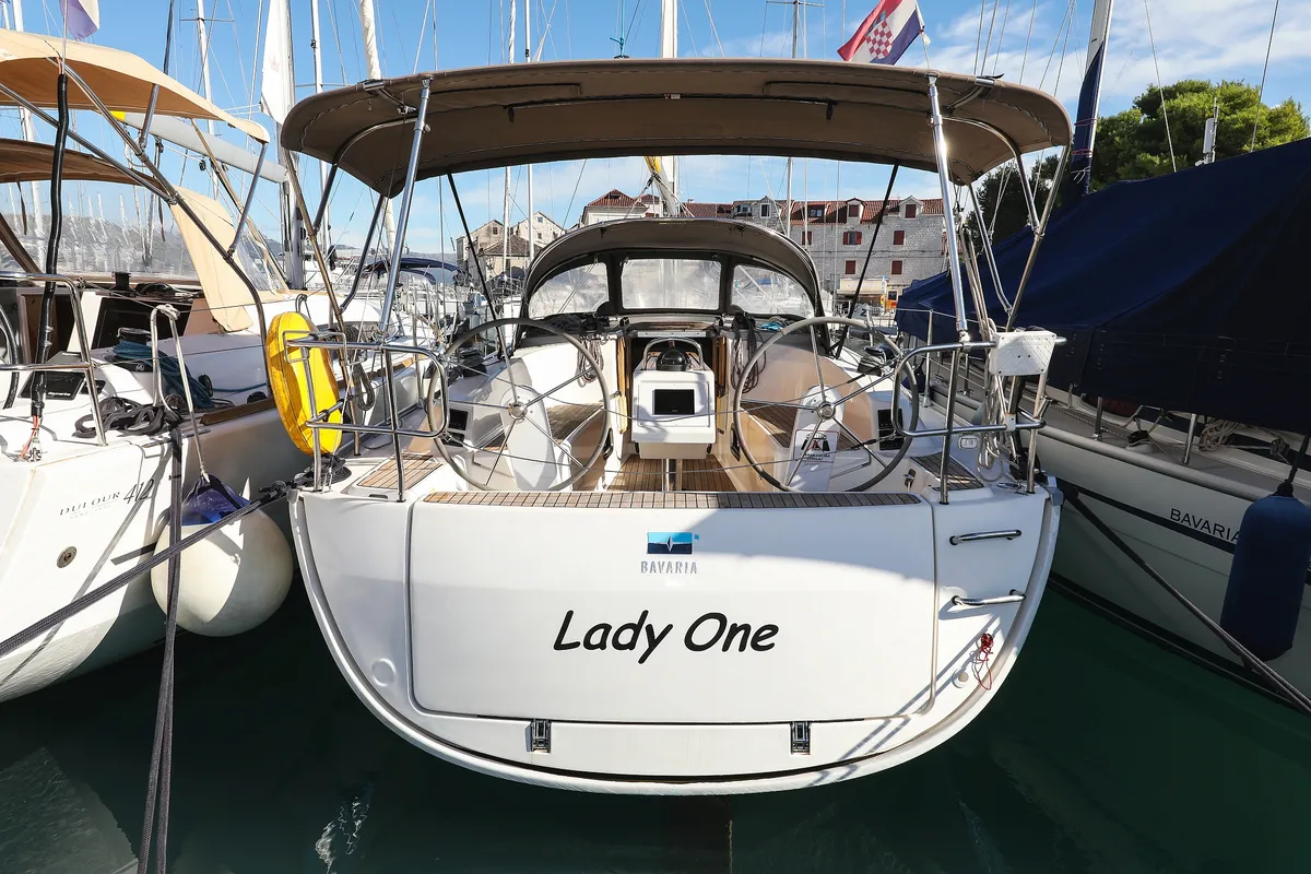 Exterior view of Lady One, a Bavaria Cruiser 34 sailboat at Grad Biograd na Moru, Croatia