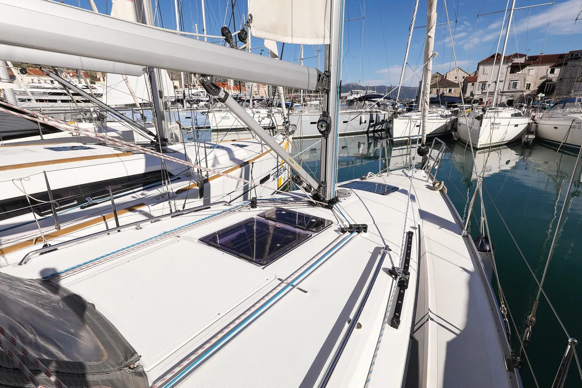 Deck of Lady One, a Bavaria Cruiser 34 sailboat at Grad Biograd na Moru, Croatia