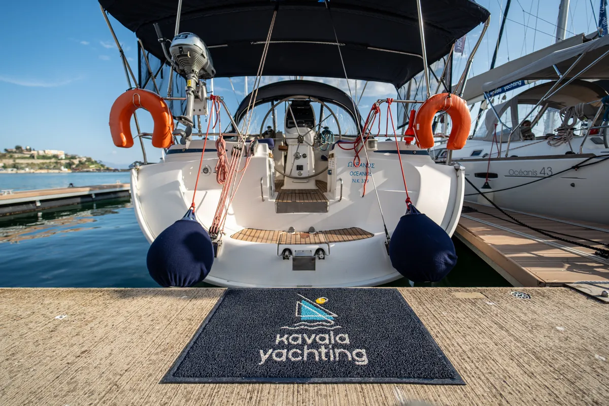 Exterior view of Okeanos, a Bavaria 39 Cruiser sailboat at Kavala, Greece