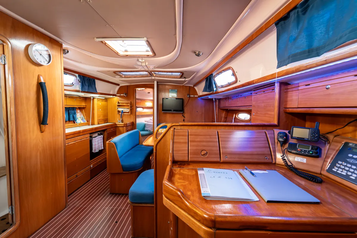 Salon of Okeanos, a Bavaria 39 Cruiser sailboat at Kavala, Greece