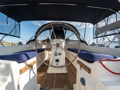 Cockpit of Okeanos, a Bavaria 39 Cruiser sailboat at Kavala, Greece