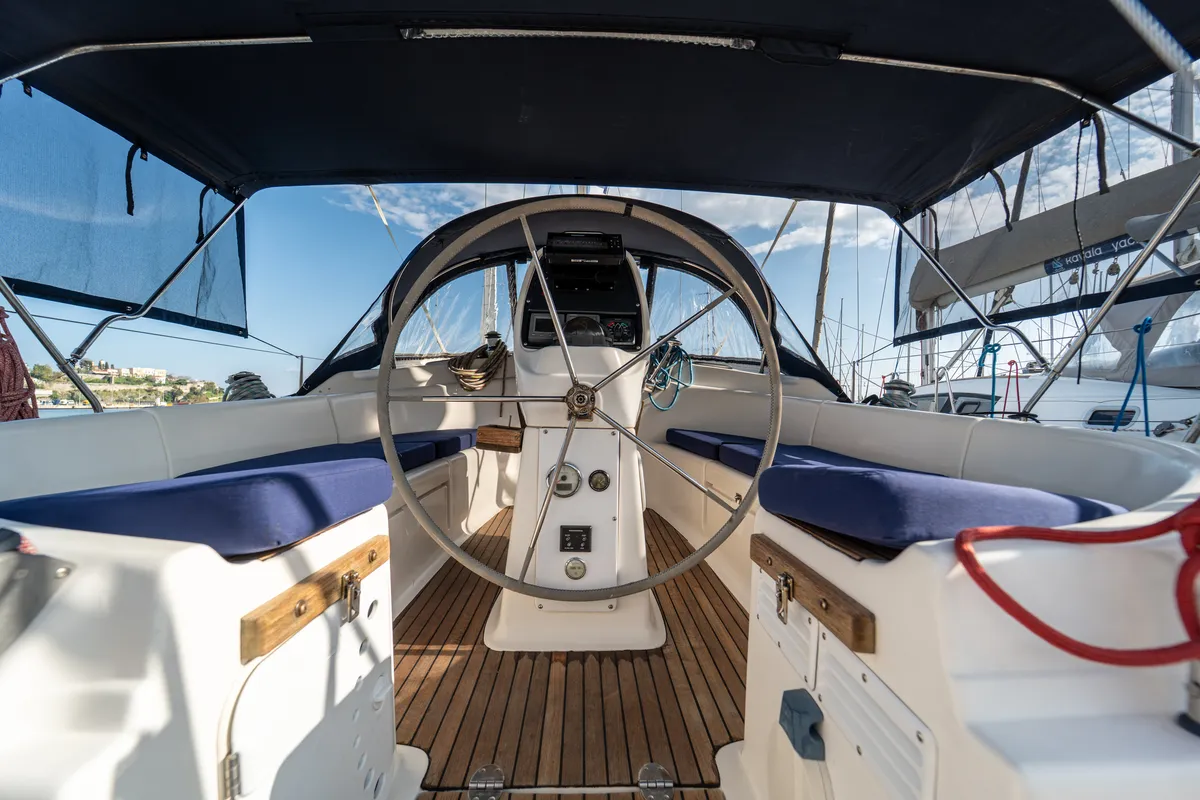 Cockpit of Okeanos, a Bavaria 39 Cruiser sailboat at Kavala, Greece