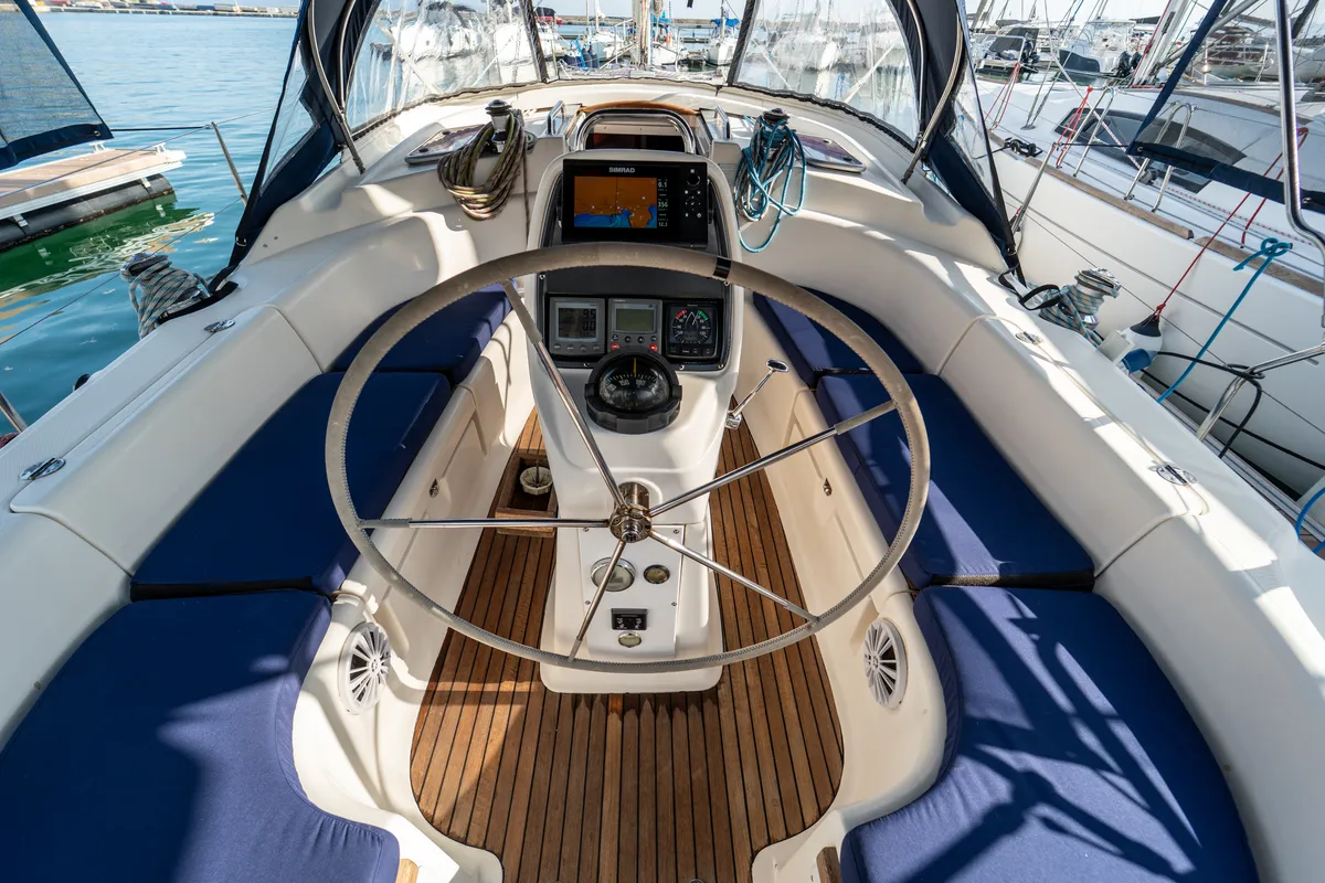 Cockpit of Okeanos, a Bavaria 39 Cruiser sailboat at Kavala, Greece