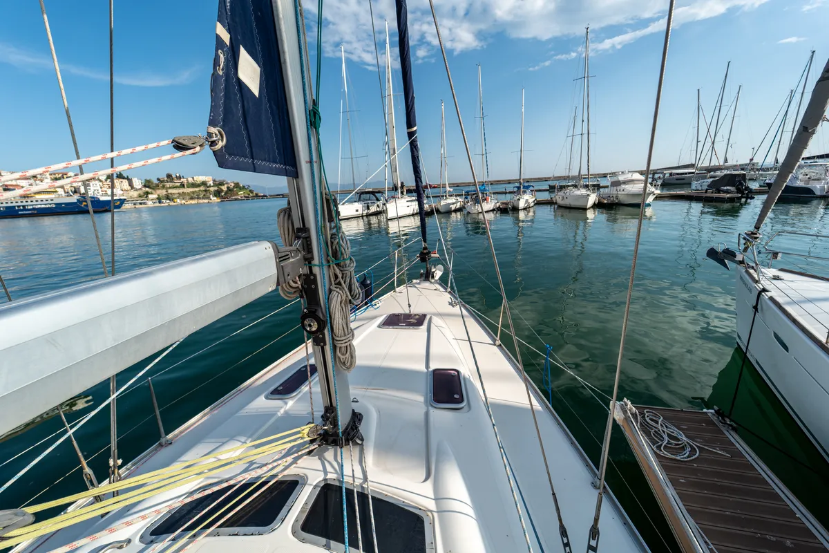 Exterior view of Okeanos, a Bavaria 39 Cruiser sailboat at Kavala, Greece