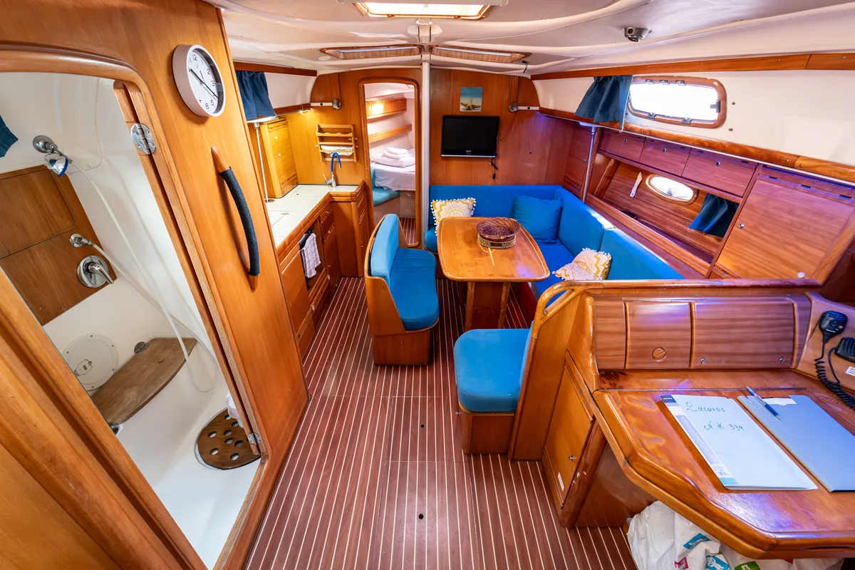 Salon of Okeanos, a Bavaria 39 Cruiser sailboat at Kavala, Greece