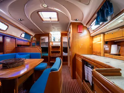 Salon of Okeanos, a Bavaria 39 Cruiser sailboat at Kavala, Greece
