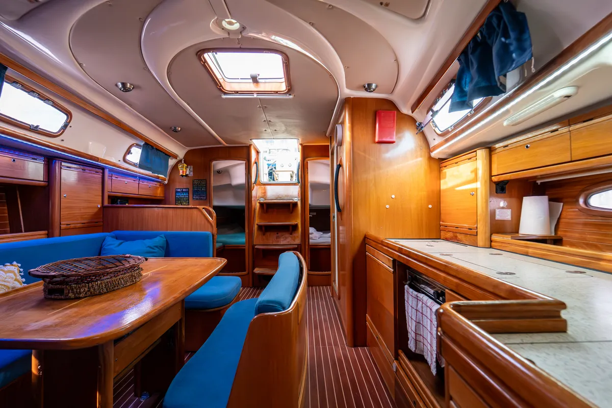 Salon of Okeanos, a Bavaria 39 Cruiser sailboat at Kavala, Greece