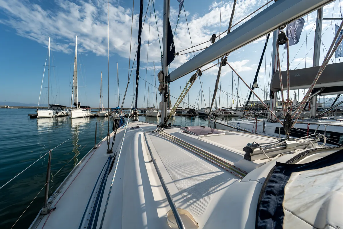 Exterior view of Okeanos, a Bavaria 39 Cruiser sailboat at Kavala, Greece