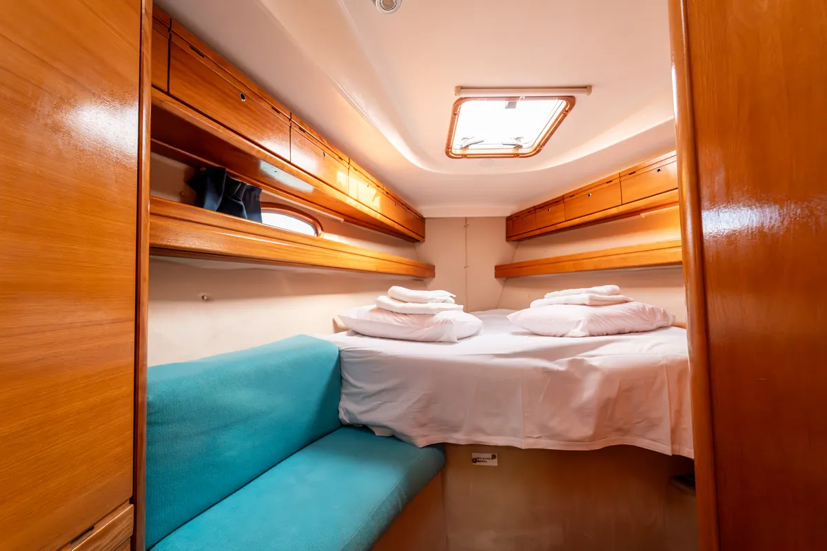 Cabin on Okeanos, a Bavaria 39 Cruiser sailboat at Kavala, Greece