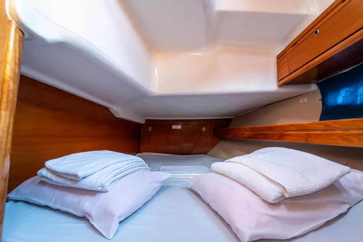 Cabin on Okeanos, a Bavaria 39 Cruiser sailboat at Kavala, Greece