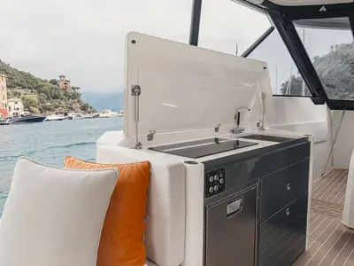 Galley of Blade, a Saxdor 400 GTO motorboat at Općina Sukošan, Croatia