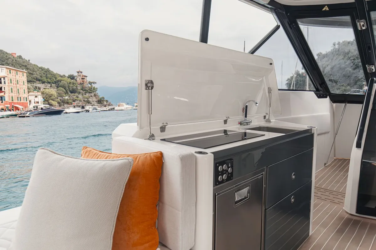 Galley of Blade, a Saxdor 400 GTO motorboat at Općina Sukošan, Croatia