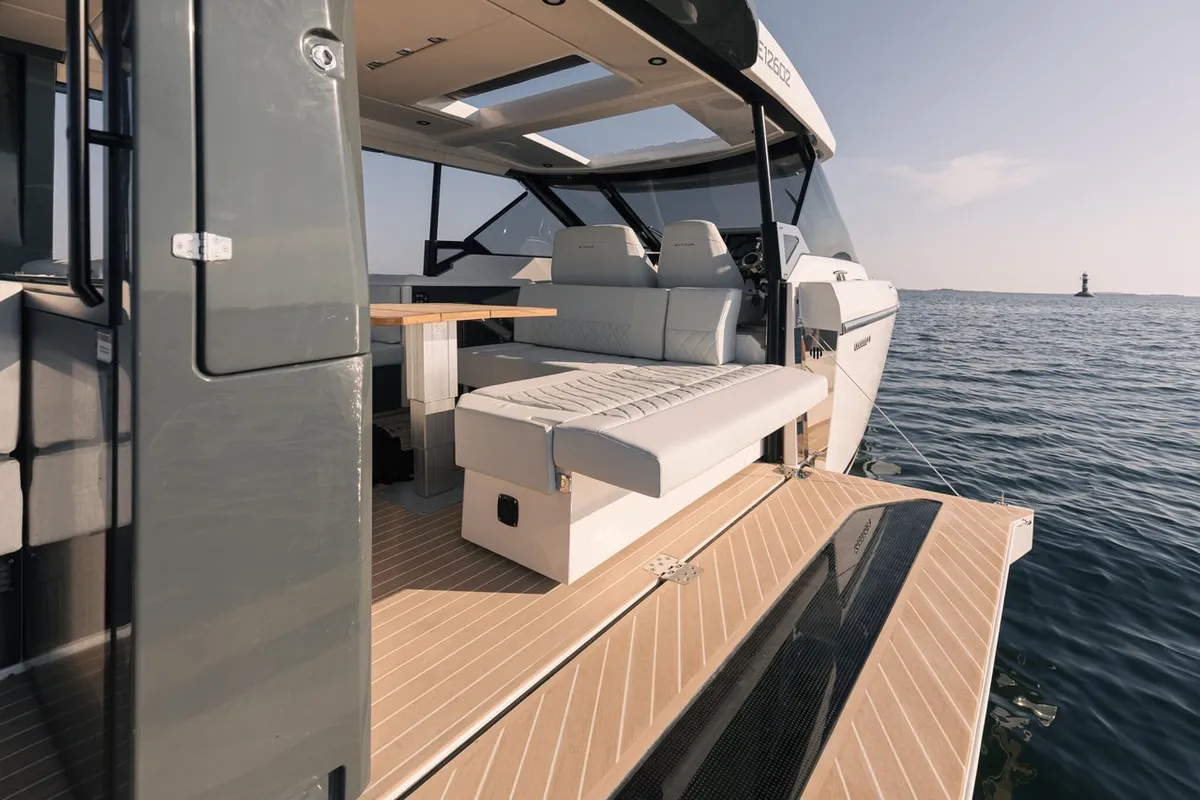Deck of Blade, a Saxdor 400 GTO motorboat at Općina Sukošan, Croatia