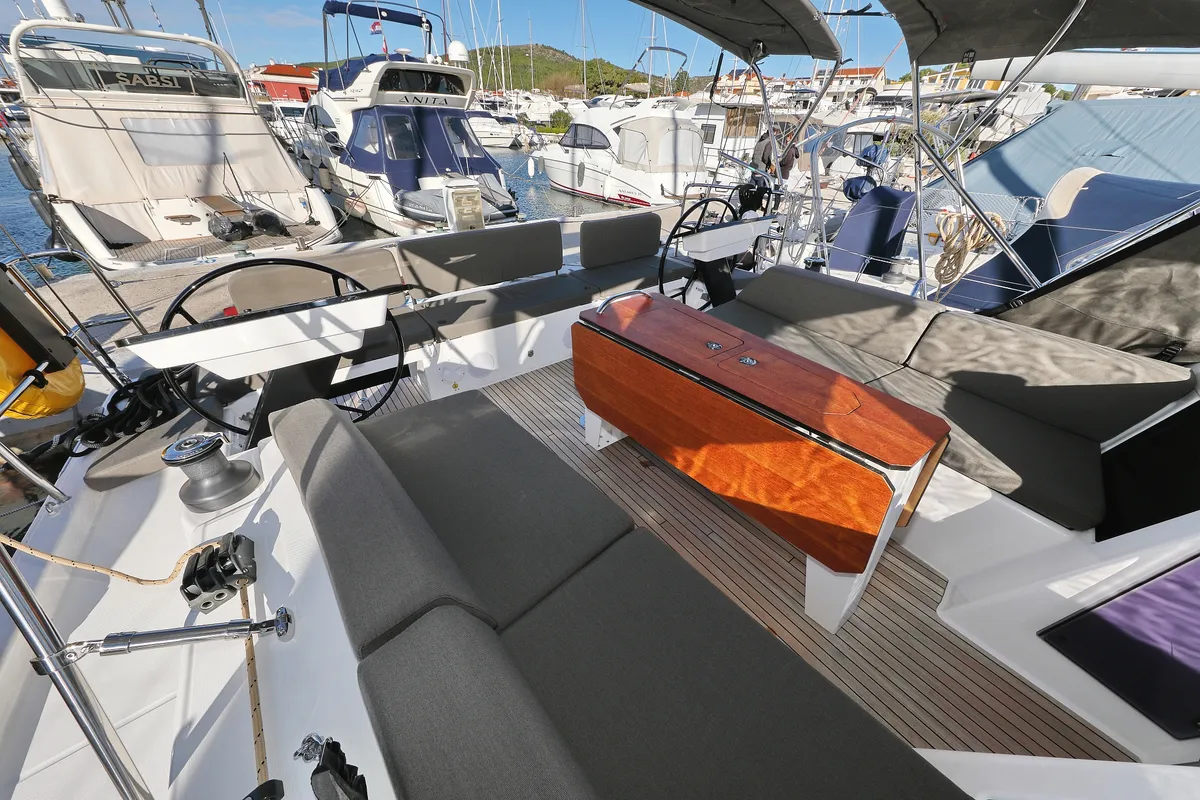 Deck of Aniela, a Dufour 41 sailboat at Grad Biograd na Moru, Croatia